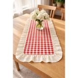 ŞAH TEXTILE DESIGN keten fırfır detaylı pötikare kırmızı runner 40x110