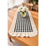ŞAH TEXTILE DESIGN keten fırfır detaylı siyah pötikare runner 40x110