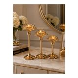 sahane & bazaar Lotus 3’lü Şamdan Gold Gümüş ve Eskitme Renk Dekoratif Şamdan Salon Ofis Aksesuar Mumluk Dekorasyon