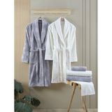 Şaheser Home Collection Benito %100 Pamuklu Bornoz Seti, 6 Parça Aile Bornoz Takımı , Kadın & Erkek Bornoz Seti - Standart - Gri - Krem