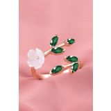 Sahira Jewelry Sedef Çiçeği Yeşil Taşlı Ayarlanabilir 14 K Rose Altın Kaplama Kadın Yüzük
