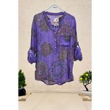 Sahnemoda Mandala ve Çiçek Desen Hakim Yaka Keten Gömlek - Standart - Mor
