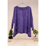 Sahnemoda Sıfır Yaka Cepli Oversize Organik Triko Kazak - Mor - Standart