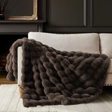 Sahte Tavşan Kürk Vizon Peluş Atma Battaniye(Solid - Brown,Queen (90" x 90"))