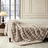 Sahte Tavşan Kürk Vizon Peluş Atma Battaniye(Textured - Beige,Twin (60" x 80"))