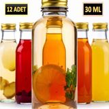 Saint Belisama Concept 12 ADET - 30 Ml Şeffaf Cam Şişe Gold Kapak Limonata şişesi Kolonya Şişesi, Meyve Suyu Şişesi, 30 ML