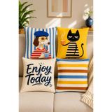Sakallı 4'lü Dekoratif Kırlent Kılıfı Seti – Köpek, Kedi, Enjoy Today Yazılı ve Çizgili Tasarım