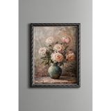 Şakayık Çiçekleri Vazoda – Vintage Desenli Çerçeve – İnce Model, Gümüş, 30 x 40