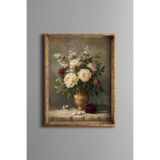 Şakayık ve Beyaz Çiçek Buketi - Vintage Desenli Çerçeve - İnce Model, Altın1, 21 x 30