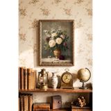 Şakayık ve Beyaz Çiçek Buketi - Vintage Desenli Çerçeve - İnce Model, Altın2, 15 x 21