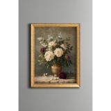 Şakayık ve Beyaz Çiçek Buketi - Vintage Desenli Çerçeve - İnce Model, Altın3, 21 x 30