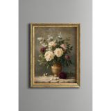 Şakayık ve Beyaz Çiçek Buketi - Vintage Desenli Çerçeve - İnce Model, Altın4, 21 x 30