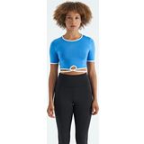 Saks Bel Bağlama Detaylı O Yaka Standart Kalıp Dalgıç Kumaş Kadın Crop T-Shirt - 97266