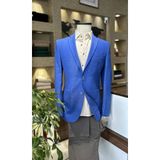 Saks Mavi Ekoseli %100 Keten Ceket (Astarsız) - 48