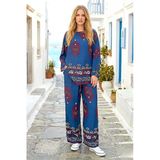 Saks Mavi Otantik Desenli Pantolon Bluz Takım