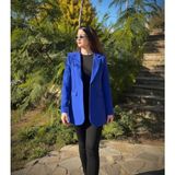 Saks Mavi Tek Düğmeli Astarlı Cepli Blazer Ceket | Tam Kalıp Kadın Ofis ve Şık Kombin Ceketi - L - XL