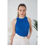 Saks Mavisi Zargo Model Fitted/vücuda Oturan Geniş Biyeli Halter Yaka Fitilli Esnek Örme Crop Bluz - XL