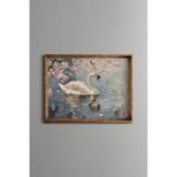 Sakura Altında Zarif Kuğu - Vintage Desenli Çerçeve - İnce Model, Altın1, 21 x 30
