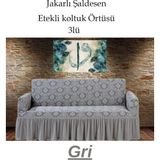 Şal Desen Jakarlı Koltuk, Kanepe, Çekyat Örtüsü, Likralı, Etekli, Koltuk Kılıfı 3lü Tek Adet - 180 x 230 cm - Gri