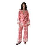 Şal Desenli Kuşaklı Kısa Kimono Pembe