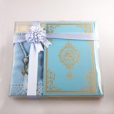 Şal + Seccade + Tesbih + Kuran Hediye Seti Çanta Boy, Ekonomik Cilt, Açık Mavi