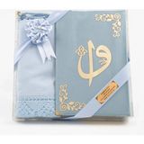 Şal + Seccade + Tesbih + Kuran Hediye Seti (Çanta Boy, Kadife, Açık Mavi) - 12 x 17 cm