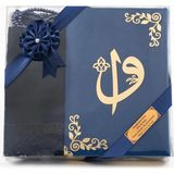 Şal + Seccade + Tesbih + Kuran Hediye Seti (Çanta Boy, Kadife, Lacivert) - 12 x 17 cm