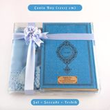 Şal + Seccade + Tesbih + Kuran Hediye Seti Çanta Boy, Termo Deri, Açık Mavi