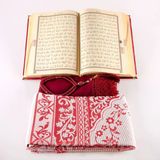 Şal + Seccade + Tesbih + Kuran Hediye Seti (Hafız Boy, Kadife, Bordo)