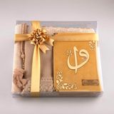 Şal + Seccade + Tesbih + Kuran Hediye Seti (Hafız Boy, Kadife, Gold) - 14 x 20 cm