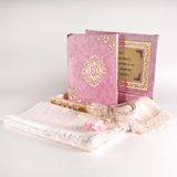 Şal + Seccade + Tesbih + Kuran Hediye Seti (Orta B. Şems Lafzatullah Gold Pleksi Raşel Kutu, B.Pembe)