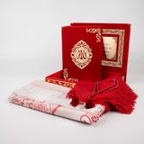 Şal + Seccade + Tesbih + Kuran Hediye Seti (Orta B. Şems Lafzatullah Gold Pleksi Raşel Kutu, Kırmızı)