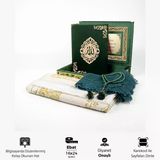 Şal + Seccade + Tesbih + Kuran Hediye Seti (Orta B. Şems Lafzatullah Gold Pleksi Raşel Kutu, Yeşil)