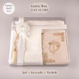 Şal + Seccade + Tesbih + Yasin Hediye Seti Çanta Boy, Elifvav, Raşel Cilt, Krem