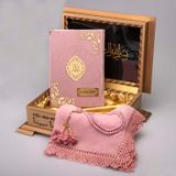 Şal + Tesbih + Kuran Hediye Set (Hafız Boy, Kadife, Pudra Pembe)