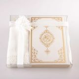 Şal + Tesbih + Kuran Hediye Seti (Çanta Boy, Standart Cilt, Beyaz) - 12x17 cm