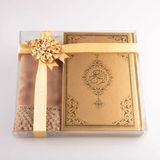 Şal + Tesbih + Kuran Hediye Seti (Çanta Boy, Standart Cilt, Gold) - 12x17 cm