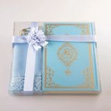 Şal + Tesbih + Kuran Hediye Seti (Hafız Boy, Standart Cilt, Açık Mavi) - 14x20 cm