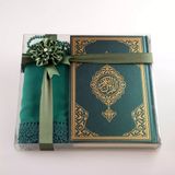 Şal + Tesbih + Kuran Hediye Seti (Orta Boy, Standart Cilt, Yeşil) - 16x24 cm