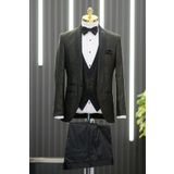 Şal Yaka Yelekli Papyonlu Şal Desenli Pantolon Kombinli Slimfit Smokin Takım Elbise YEŞİL 50-6 Drop