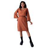 Salaş Kaşe Bluz-Kısa Kaşe Etek Takımı (2 li Takım) (Kiremit, 2XL-3XL)