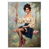 Salıncakta Oturan Retro Pinup Kız Dekoratif Kanvas - Mdf Ahşap Tablo