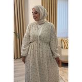 Salisburys Kadın Büyük Çiçek Baskılı Uzun Pamuk Beyaz Muslin Elbise - Haki - 1