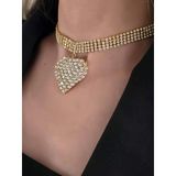Sallantılı Kalp Model Rhinestone Choker Tasma Model Gold Renk Kolye
