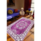 Salon Halısı Klasik Eskitme Mor Beyaz Kaydırmaz Kesme Yıkanabilir Ince Halı Tüysüz Kilim - 200 x 450 cm