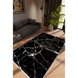 Salon Halısı Taş Mermer Modern Siyah Beyaz Kaydırmaz Kesme Yıkanabilir Ince Halı Tüysüz Kilim - 100 x 150 cm - Siyah - Beyaz