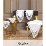 Salon Takımı 5 Parça Dantelli Keten Masa Örtüsü Runner Seti Çeyizlik Samina Model Krem-Krem