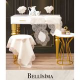 Salon Takımı 5 Parça Keten Dantelli Masa Örtüsü Runner Seti Bellisima Model No 800 --Kapiçino