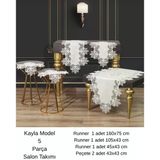 Salon Takımı 5 Parça Keten Masa Örtüsü Runner Seti Çeyizlik Kayla Model No 22252 Krem-Gold