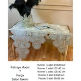 Salon Takımı 5 Parça Keten Masa Örtüsü Runner Seti Çeyizlik Palmiye Model No 1482 Gri